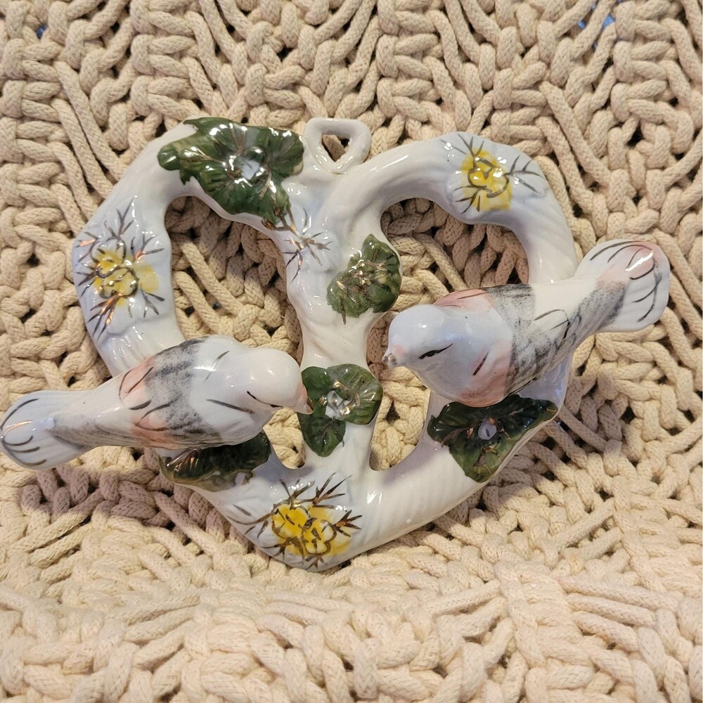 Italian Ceramic Heart Wall Plaque, Hand-Painted Doves & Flowers, Signed Italy 75